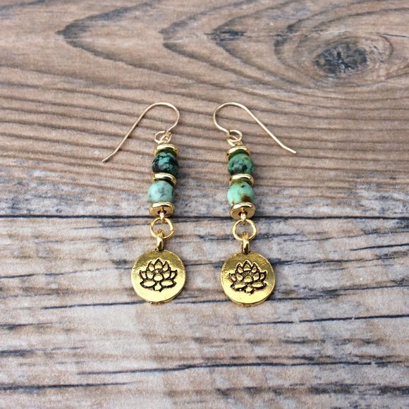 Lotus earrings with African Turquoise, healing jewelry, 14k gold filled - Picture 2 of 7